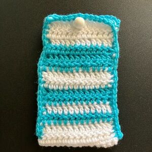 Handmade Crochet Cell Phone Holder Pouch Eyeglass Case Blue White Striped Yarn